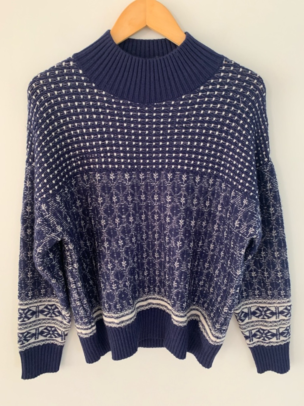 COS Modern Nordic Fair Isle Wool Blend Mock Neck Sweater Blue Size Small